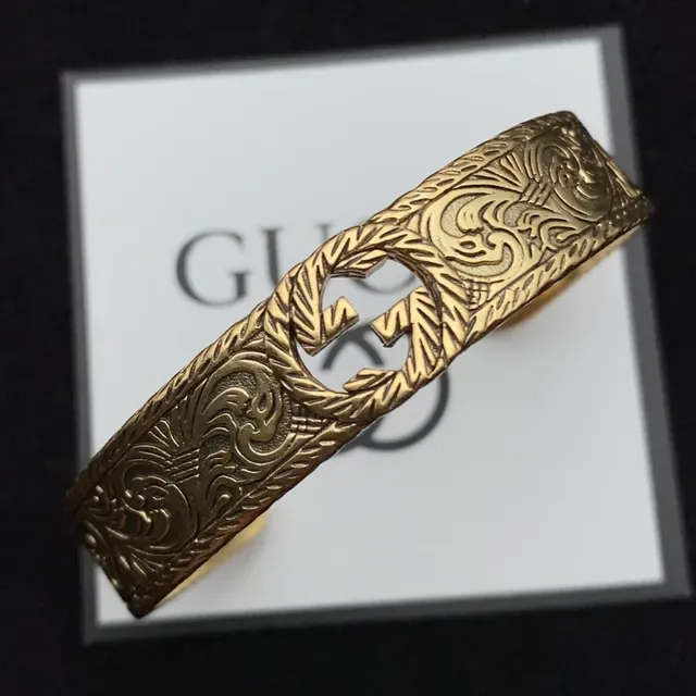 Gucci GG Marmont Gold Brown Ornate Engraved Metalwork Interlocking G Motif Bracelet 6