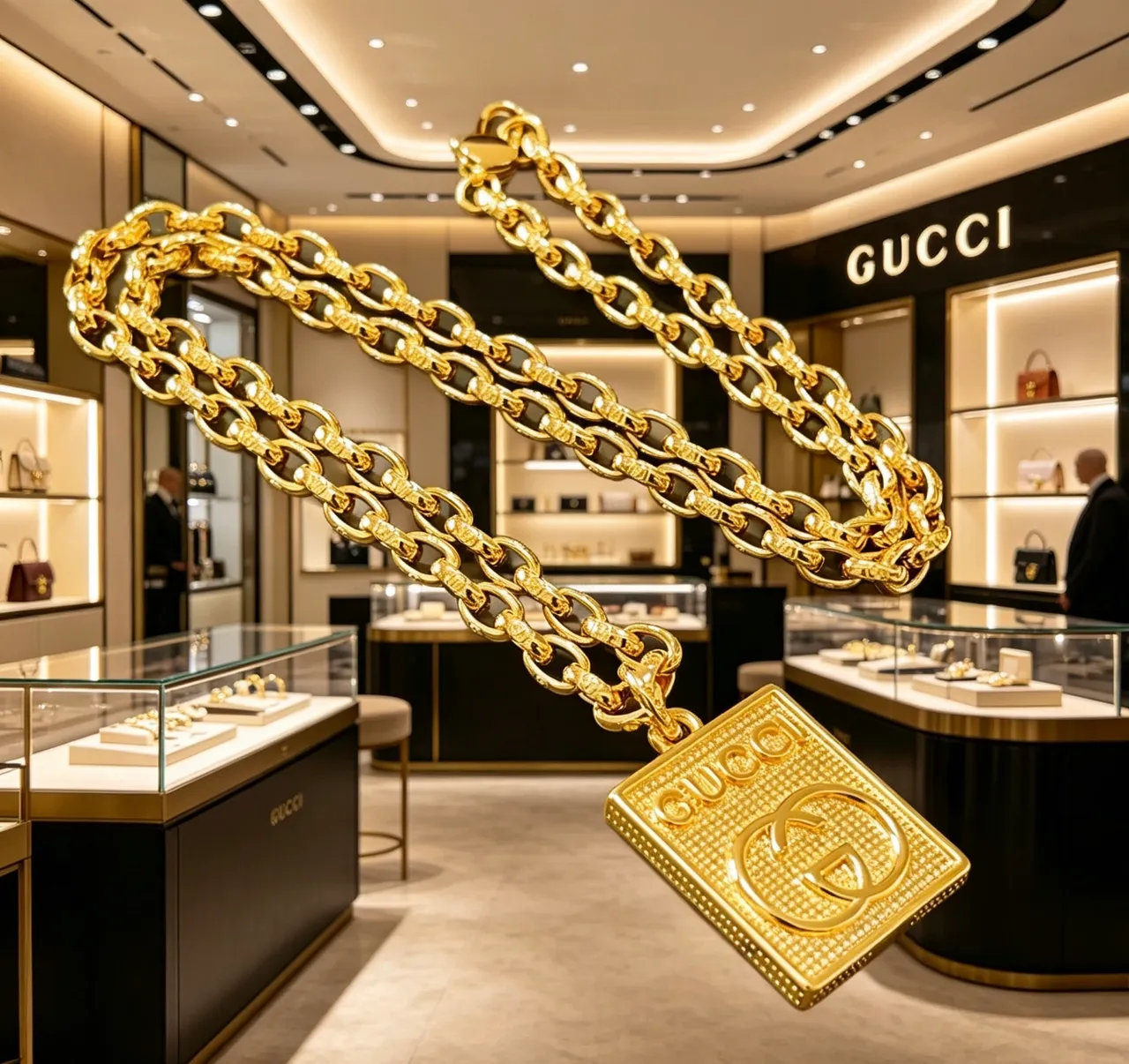 Gucci GG Marmont Gold Green Curb-Link Chain Square Pendant Necklace 6