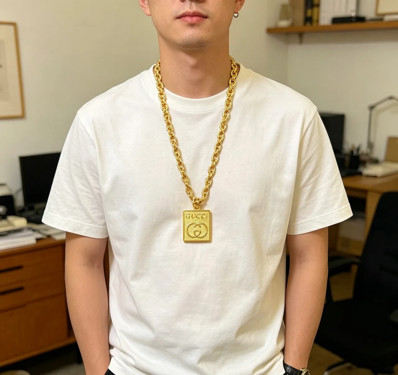 Gucci GG Marmont Gold Green Curb-Link Chain Square Pendant Necklace 7