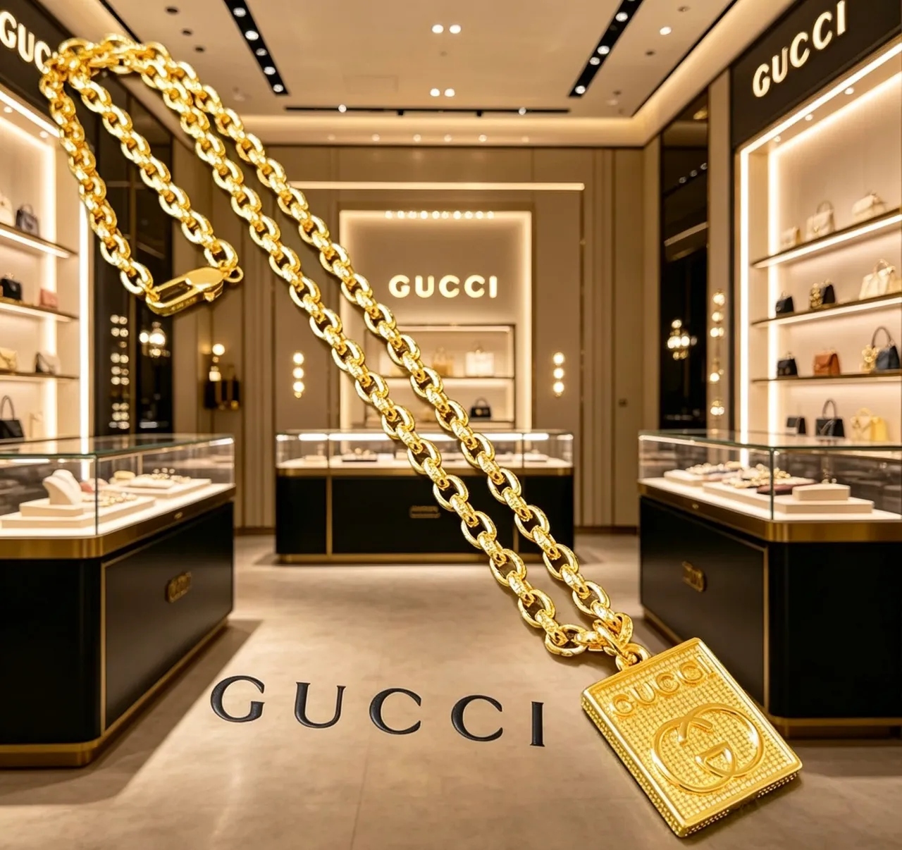 Gucci GG Marmont Gold Green Curb-Link Chain Square Pendant Necklace 8