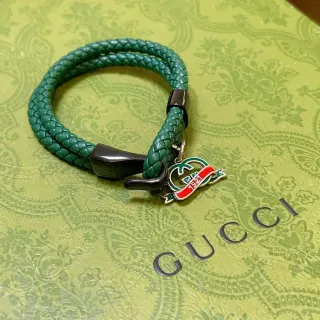 Gucci GG Marmont Green Black Braided Leather Enamel Charm Bracelet