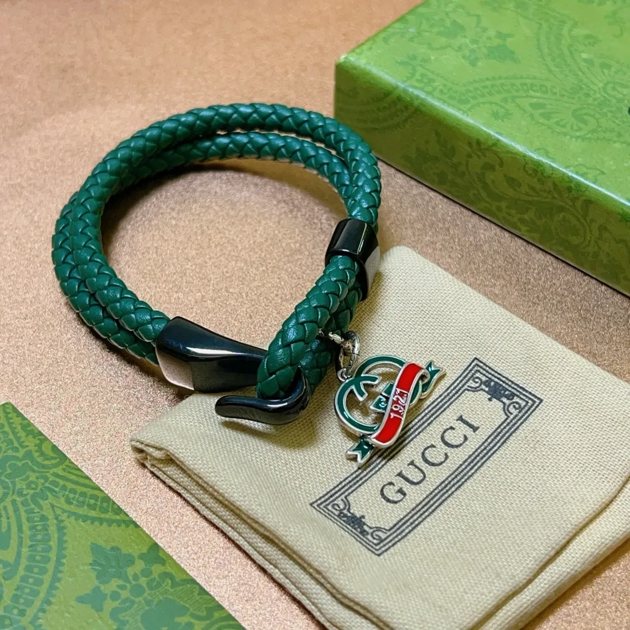 Gucci GG Marmont Green Black Braided Leather Enamel Charm Bracelet 2