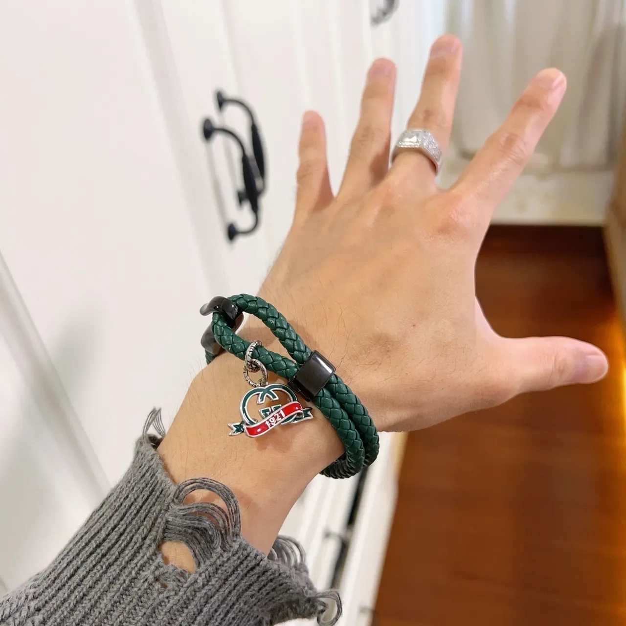 Gucci GG Marmont Green Black Braided Leather Enamel Charm Bracelet 3