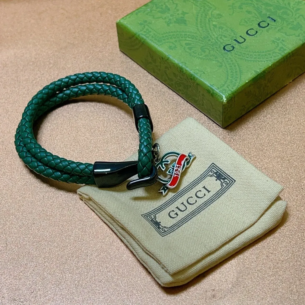 Gucci GG Marmont Green Black Braided Leather Enamel Charm Bracelet 4
