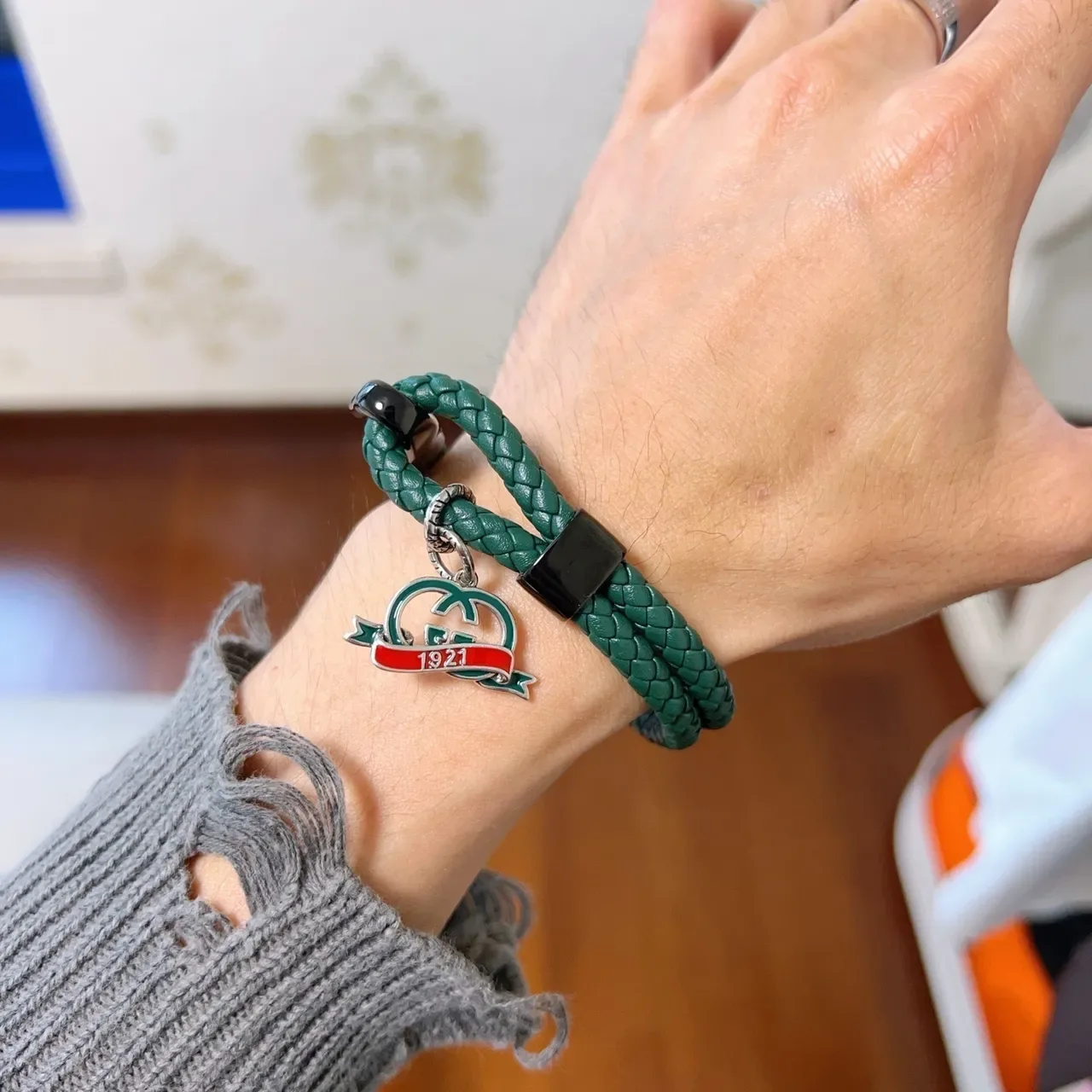 Gucci GG Marmont Green Black Braided Leather Enamel Charm Bracelet 5