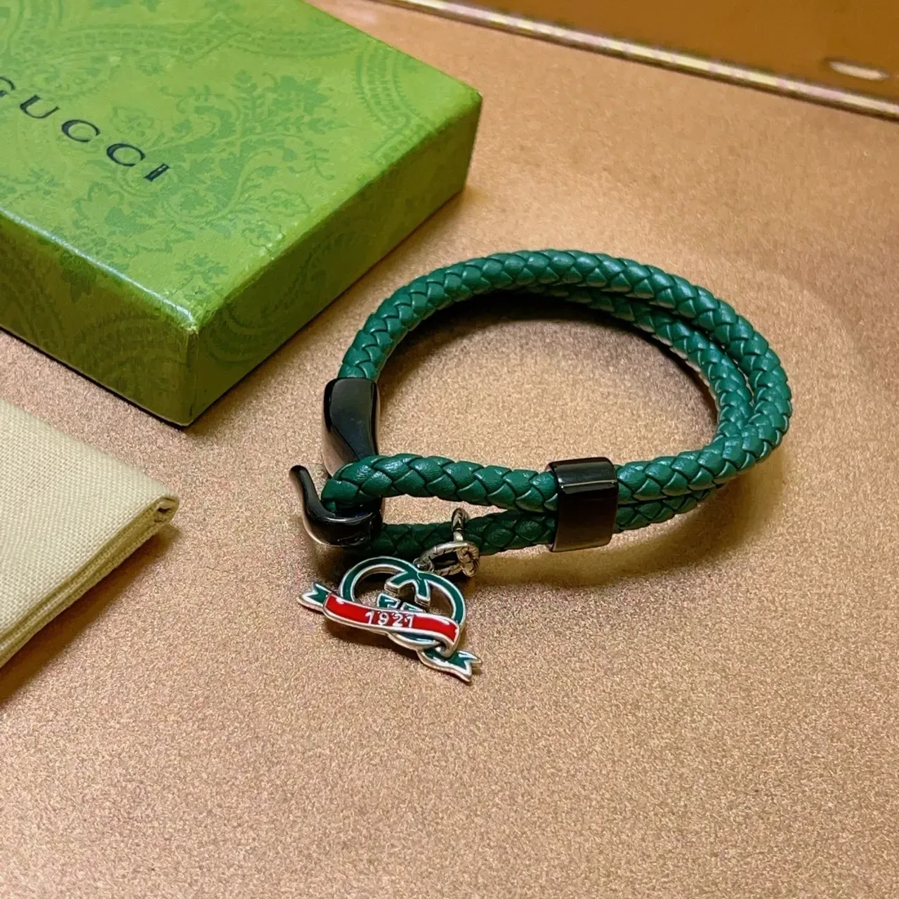 Gucci GG Marmont Green Black Braided Leather Enamel Charm Bracelet 6