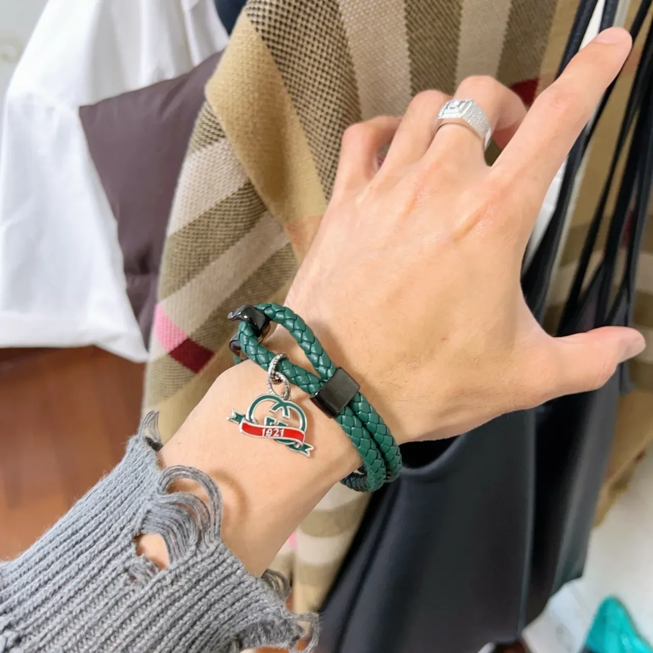 Gucci GG Marmont Green Black Braided Leather Enamel Charm Bracelet 8