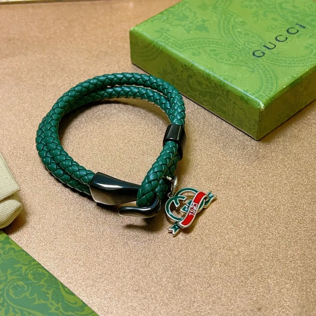 Gucci GG Marmont Green Black Braided Leather Enamel Charm Bracelet 9