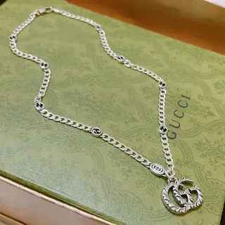 Gucci GG Marmont-inspired Silver Black Chunky Curb Chain Interlocking G Pendant Necklace