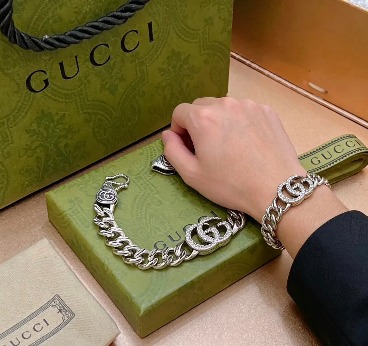 Gucci GG Marmont Pavé Crystal Double G Chain Bracelet 3
