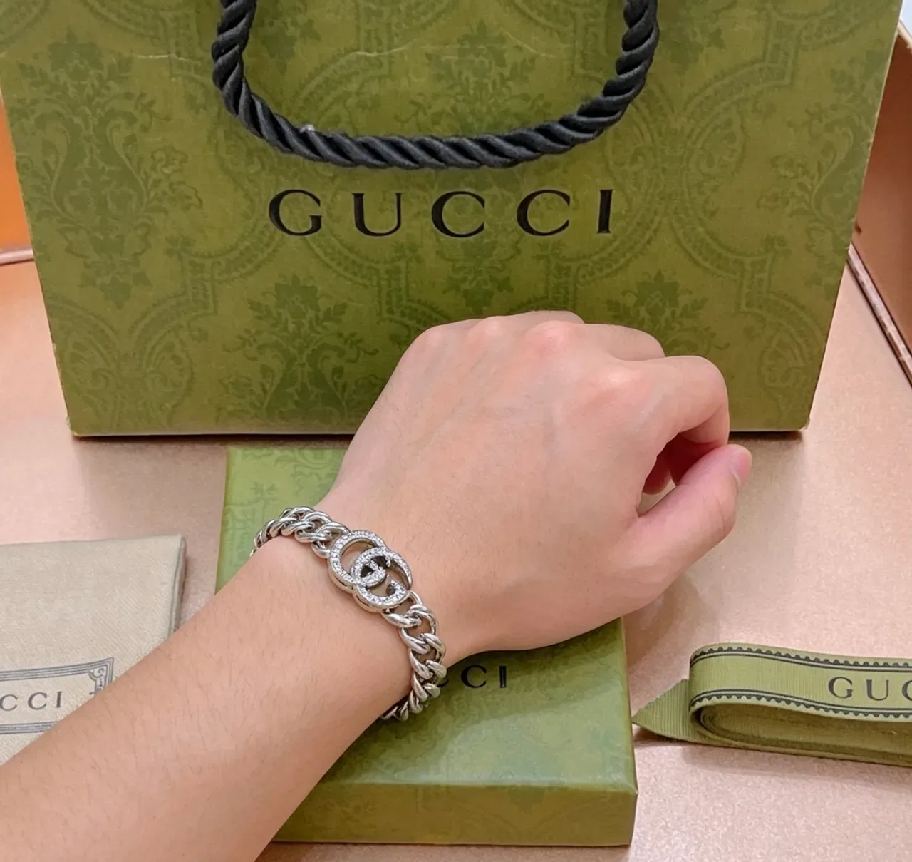 Gucci GG Marmont Pavé Crystal Double G Chain Bracelet 6