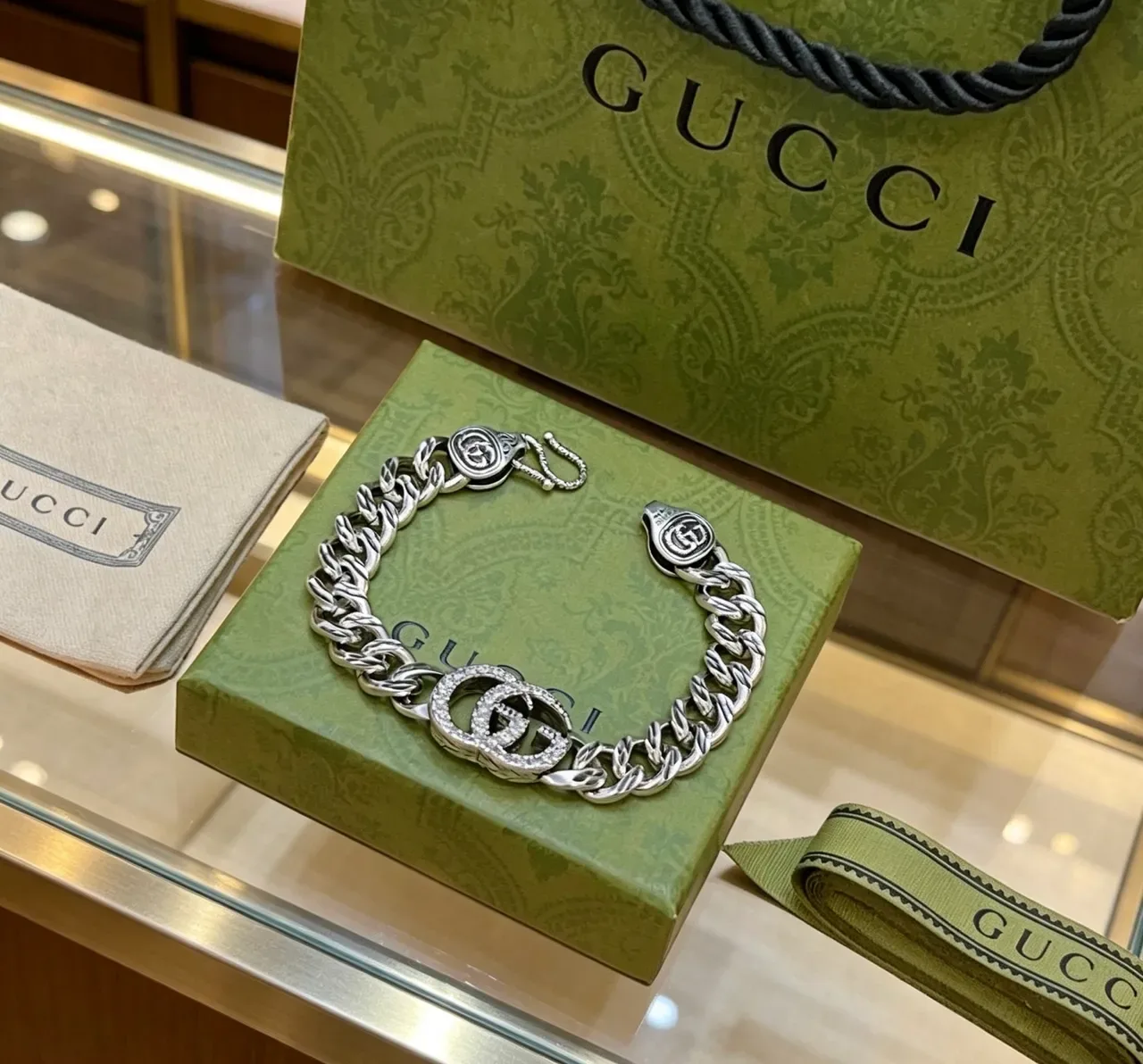 Gucci GG Marmont Pavé Crystal Double G Chain Bracelet 7