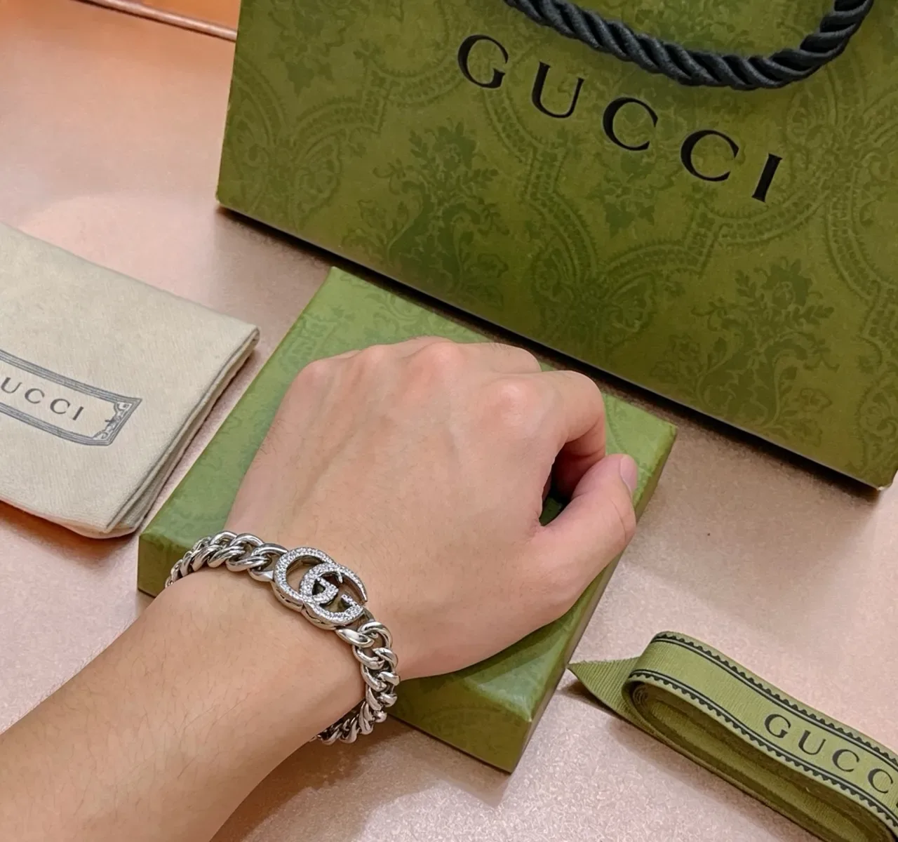 Gucci GG Marmont Pavé Crystal Double G Chain Bracelet 8