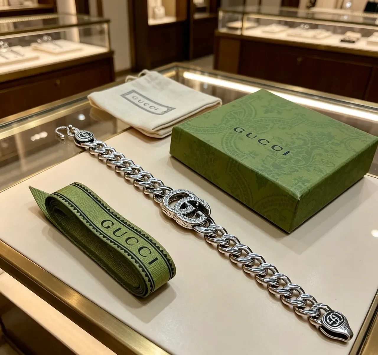 Gucci GG Marmont Pavé Crystal Double G Chain Bracelet 9