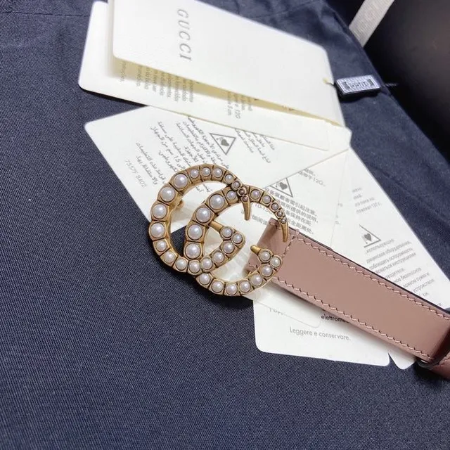 Gucci GG Marmont Pink Gold Pearl-Embellished Double G Buckle Leather Belt 3