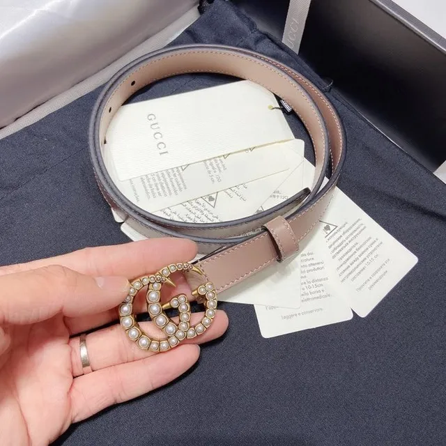 Gucci GG Marmont Pink Gold Pearl-Embellished Double G Buckle Leather Belt 4