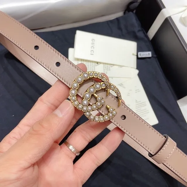 Gucci GG Marmont Pink Gold Pearl-Embellished Double G Buckle Leather Belt 6