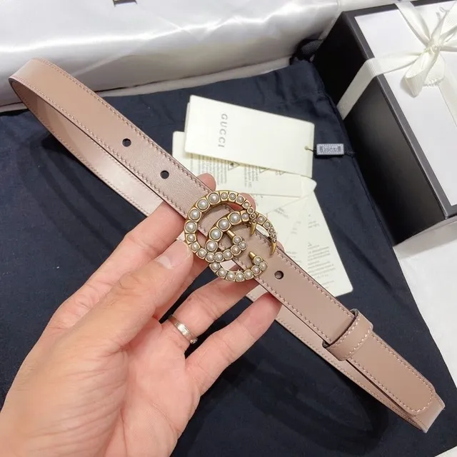 Gucci GG Marmont Pink Gold Pearl-Embellished Double G Buckle Leather Belt 7