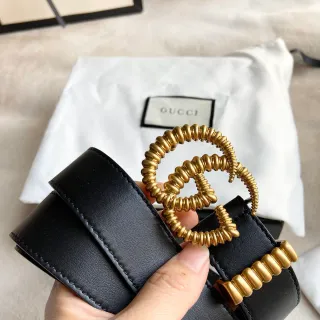 Gucci GG Marmont Ribbed Gold-Tone Double G Black Leather Belt
