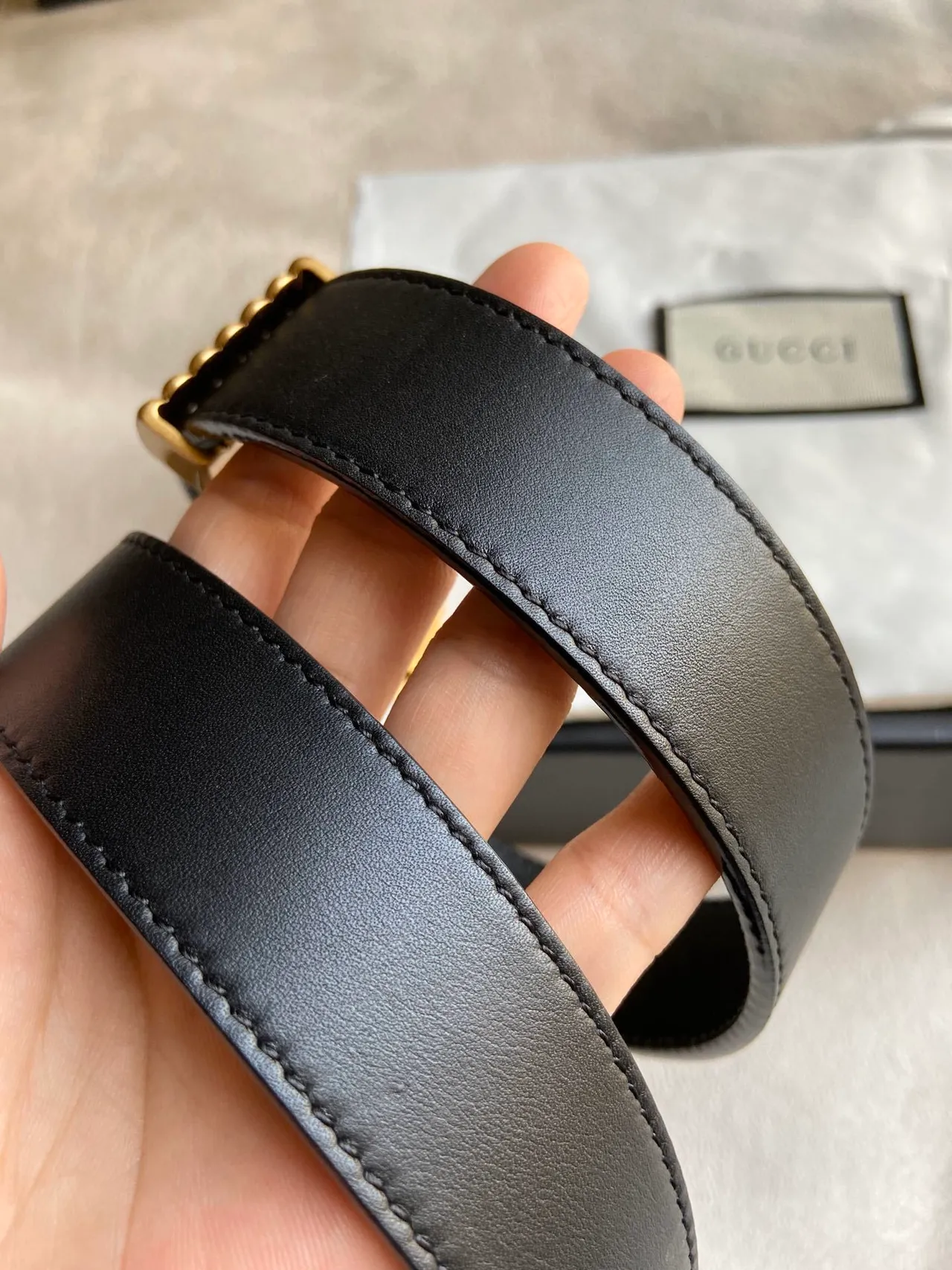 Gucci GG Marmont Ribbed Gold-Tone Double G Black Leather Belt 3