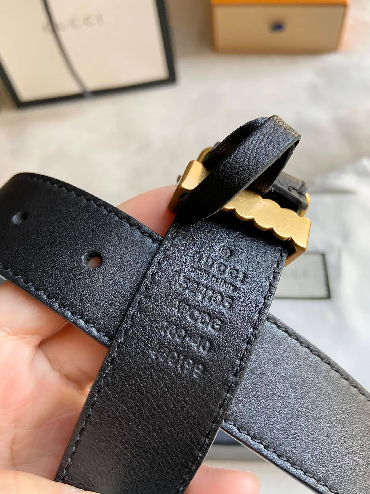 Gucci GG Marmont Ribbed Gold-Tone Double G Black Leather Belt 4