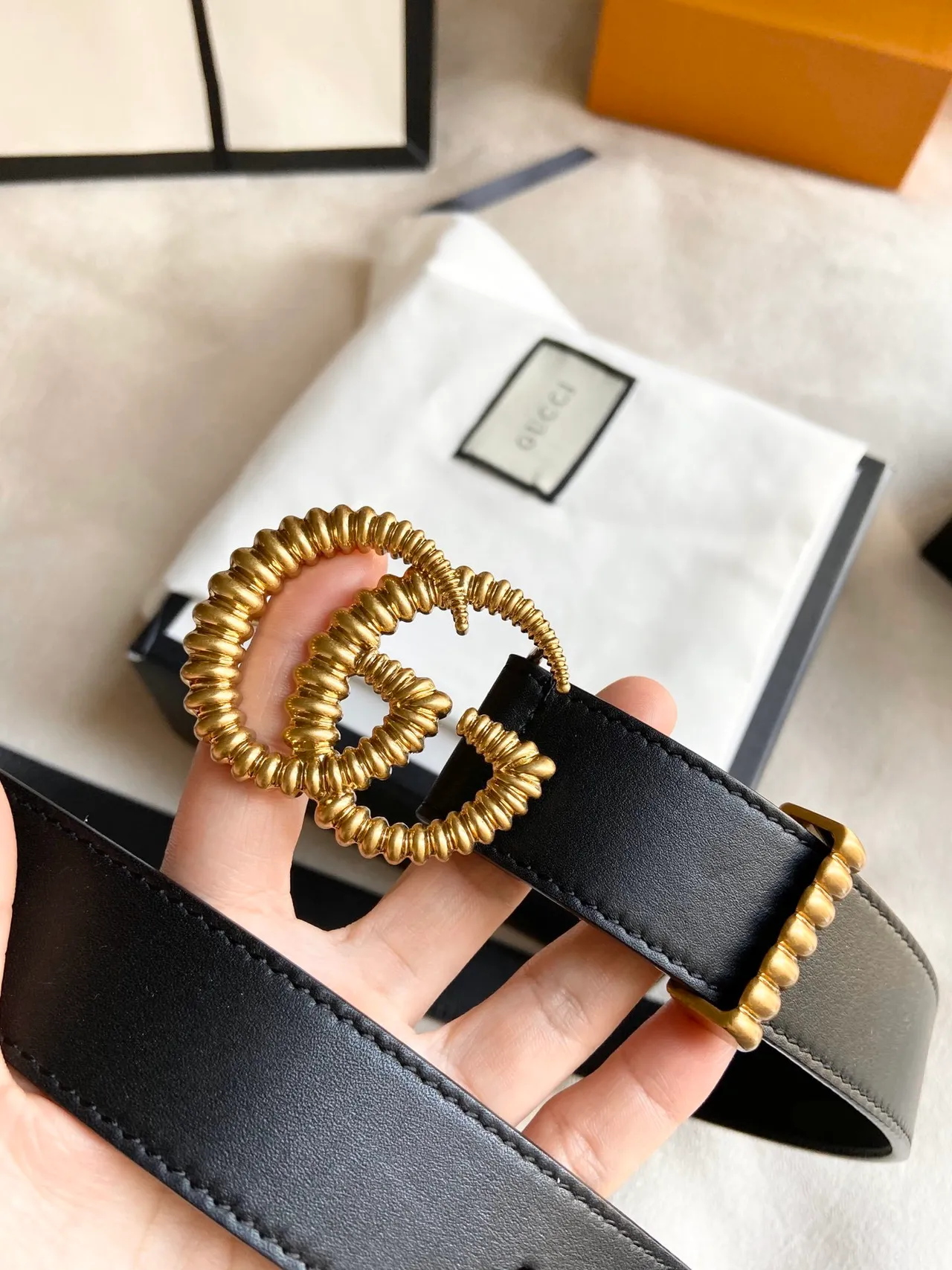 Gucci GG Marmont Ribbed Gold-Tone Double G Black Leather Belt 7