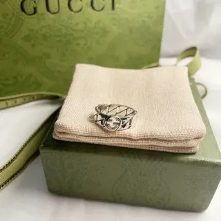 Gucci GG Marmont Silver Beige Interlocking G Logo Geometric Lattice Band Ring