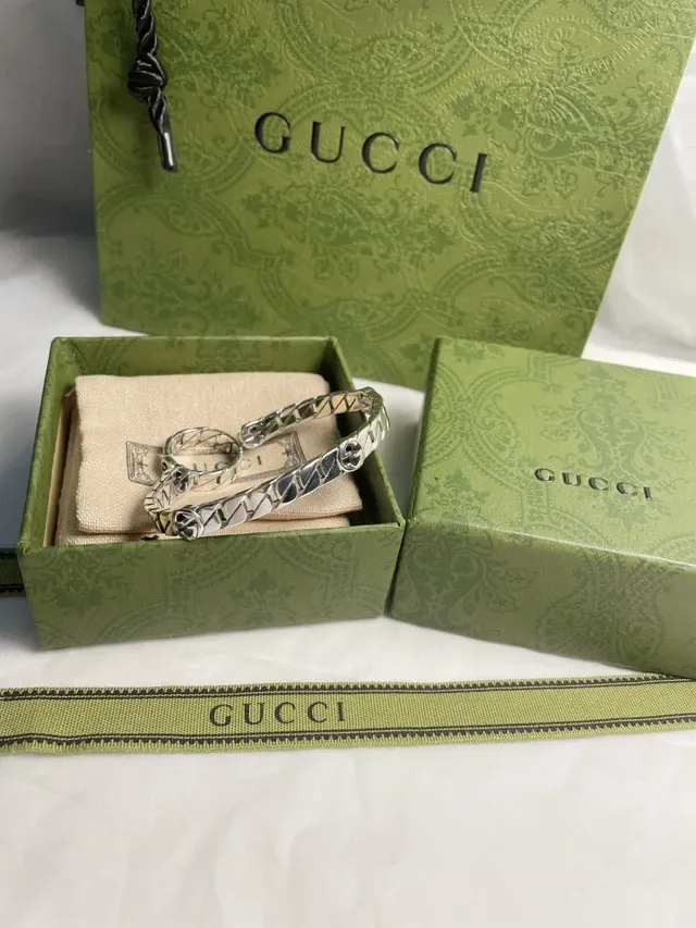 Gucci GG Marmont Plata Beige Interlocking G Logo Anillo Geometric Lattice Band 7