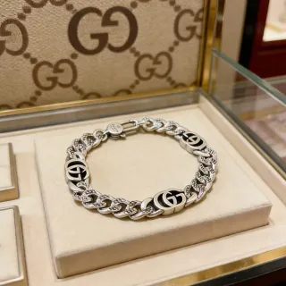 Gucci GG Marmont Silver Black Chunky Curb Chain Medallion Links Bracelet