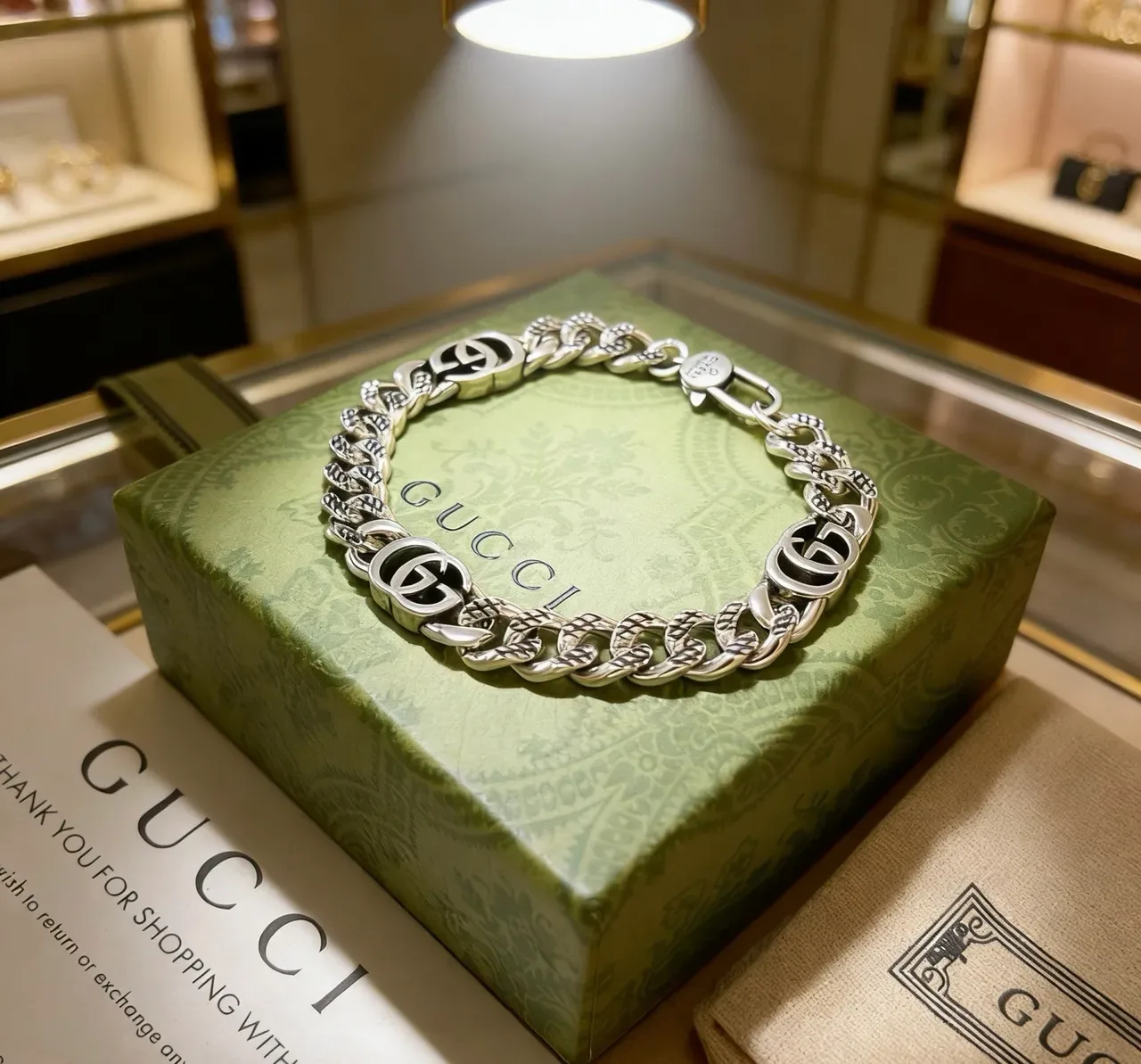Gucci GG Marmont Silver Black Chunky Curb Chain Medallion Links Bracelet 6