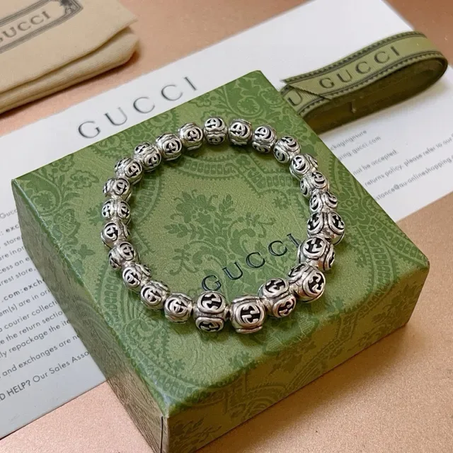 Gucci GG Marmont Silver Black Interlocking G Motif Metal Bracelet 4