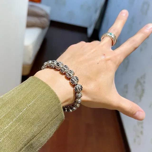 Gucci GG Marmont Silver Black Interlocking G Motif Metal Bracelet 5
