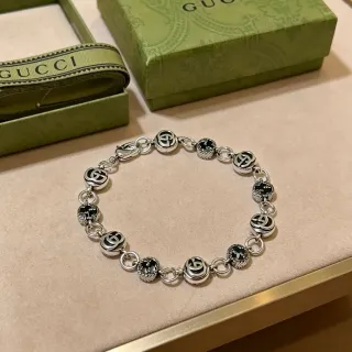 Gucci GG Marmont Silver Black Interlocking Logo Links Enamel Inlay Bracelet