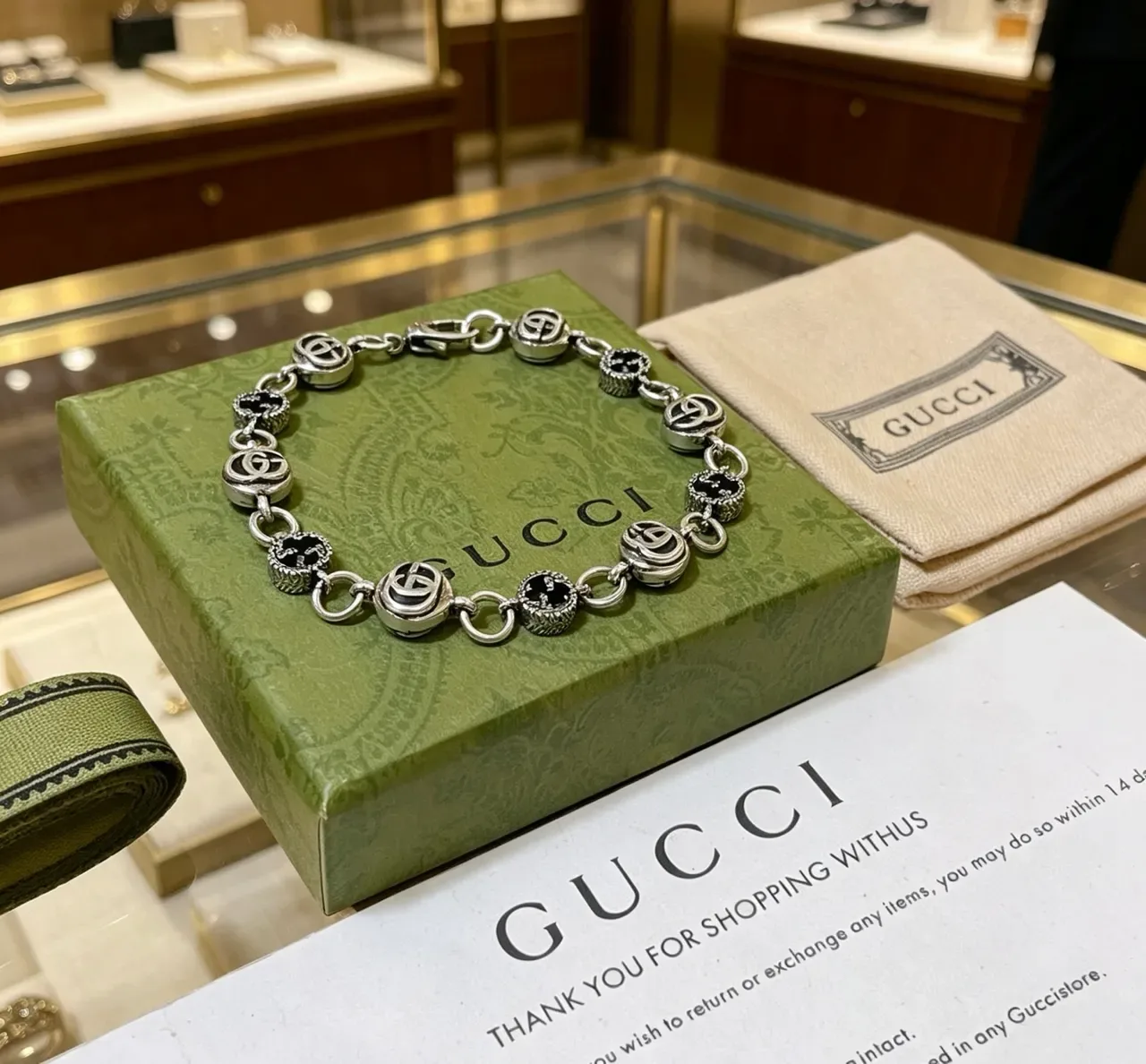 Gucci GG Marmont Silver Black Interlocking Logo Links Enamel Inlay Bracelet 2