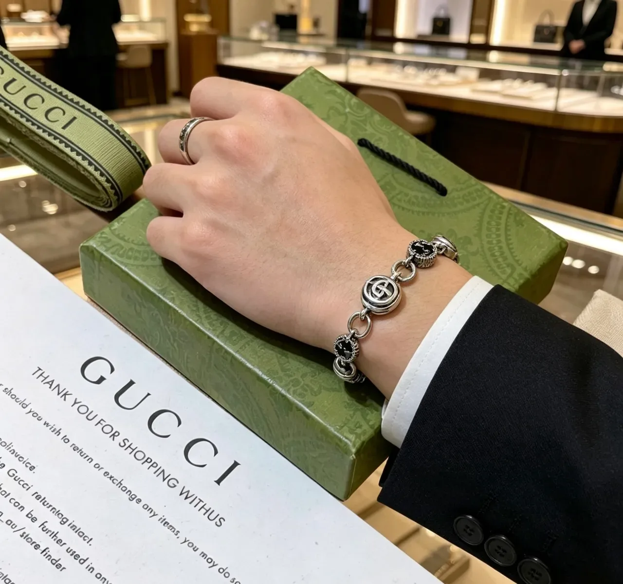 Gucci GG Marmont Silver Black Interlocking Logo Links Enamel Inlay Bracelet 3