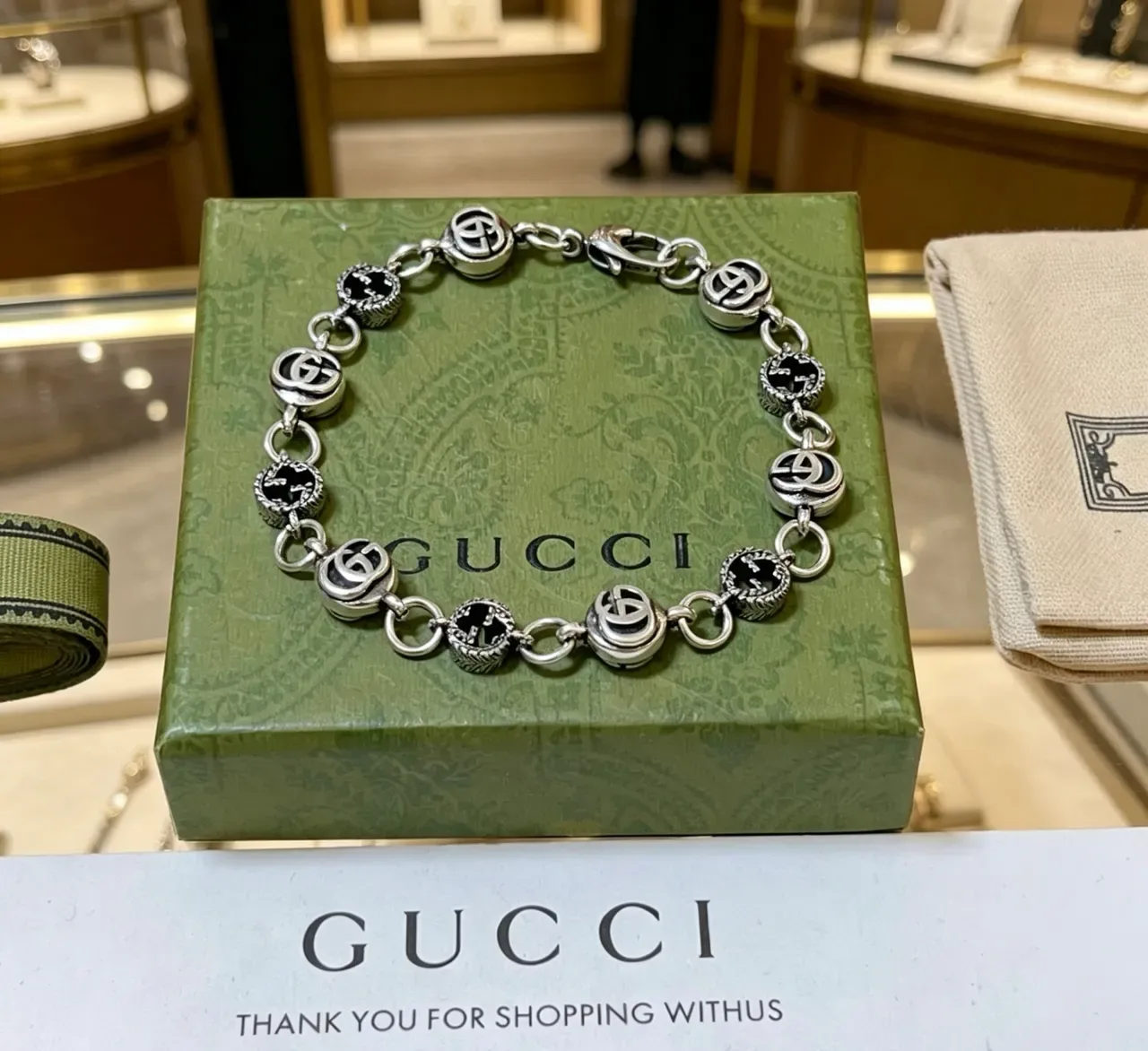 Gucci GG Marmont Silver Black Interlocking Logo Links Enamel Inlay Bracelet 4
