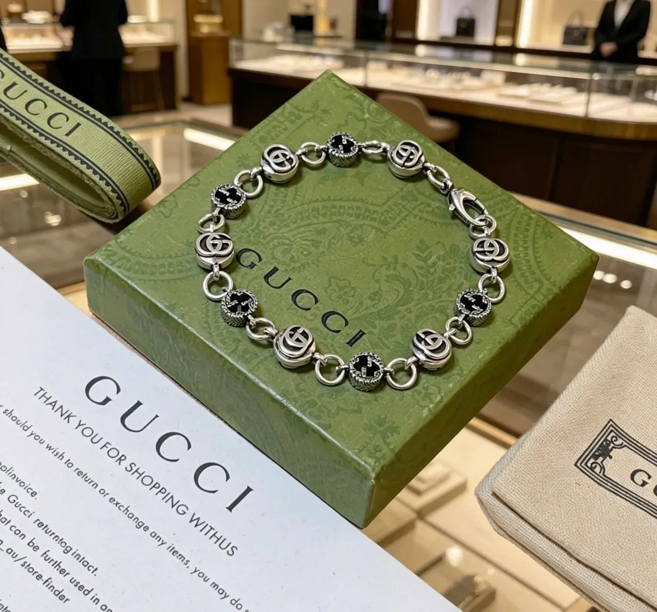 Gucci GG Marmont Silver Black Interlocking Logo Links Enamel Inlay Bracelet 6