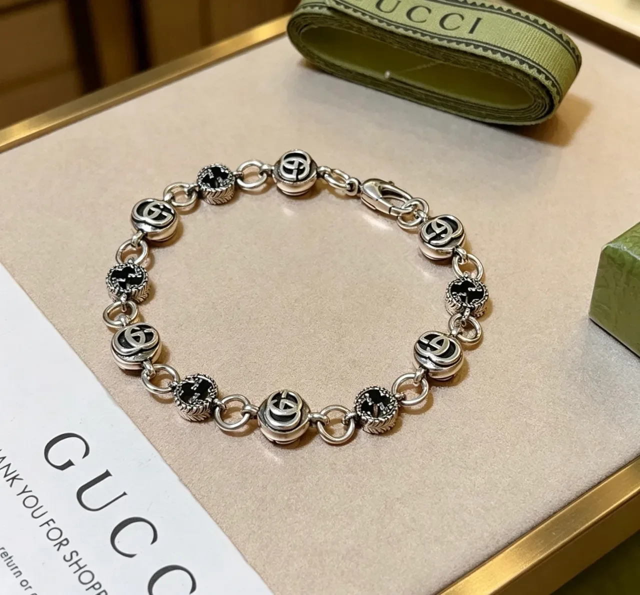 Gucci GG Marmont Silver Black Interlocking Logo Links Enamel Inlay Bracelet 7