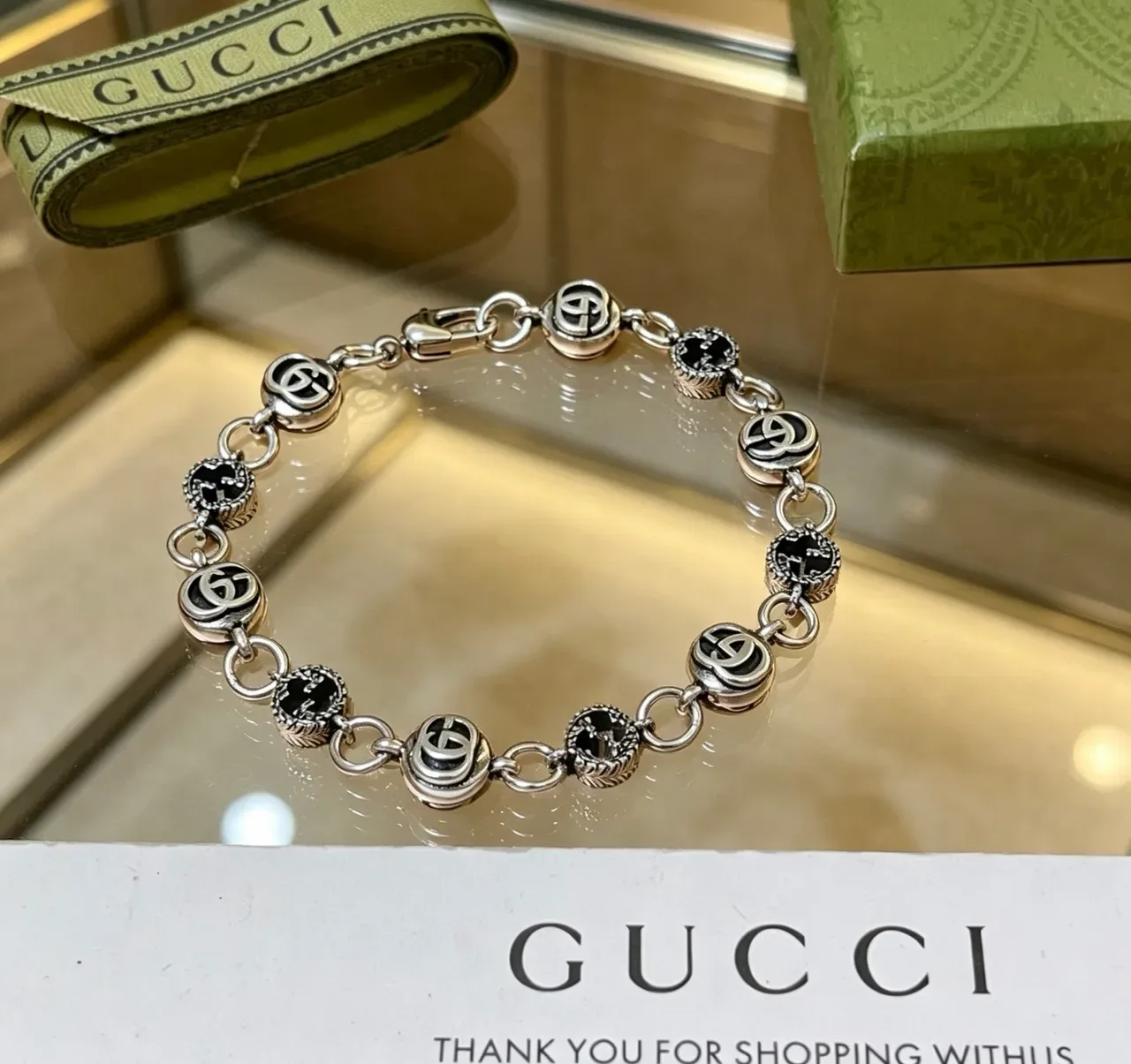 Gucci GG Marmont Silver Black Interlocking Logo Links Enamel Inlay Bracelet 9