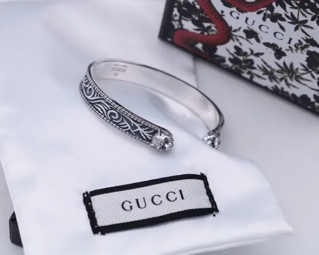 Gucci GG Marmont Silver Black Ornate Scrollwork Interlocking G Logo Bracelet 4