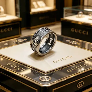 Gucci GG Marmont Silver Black Wide Band Interlocking G Motif Ring