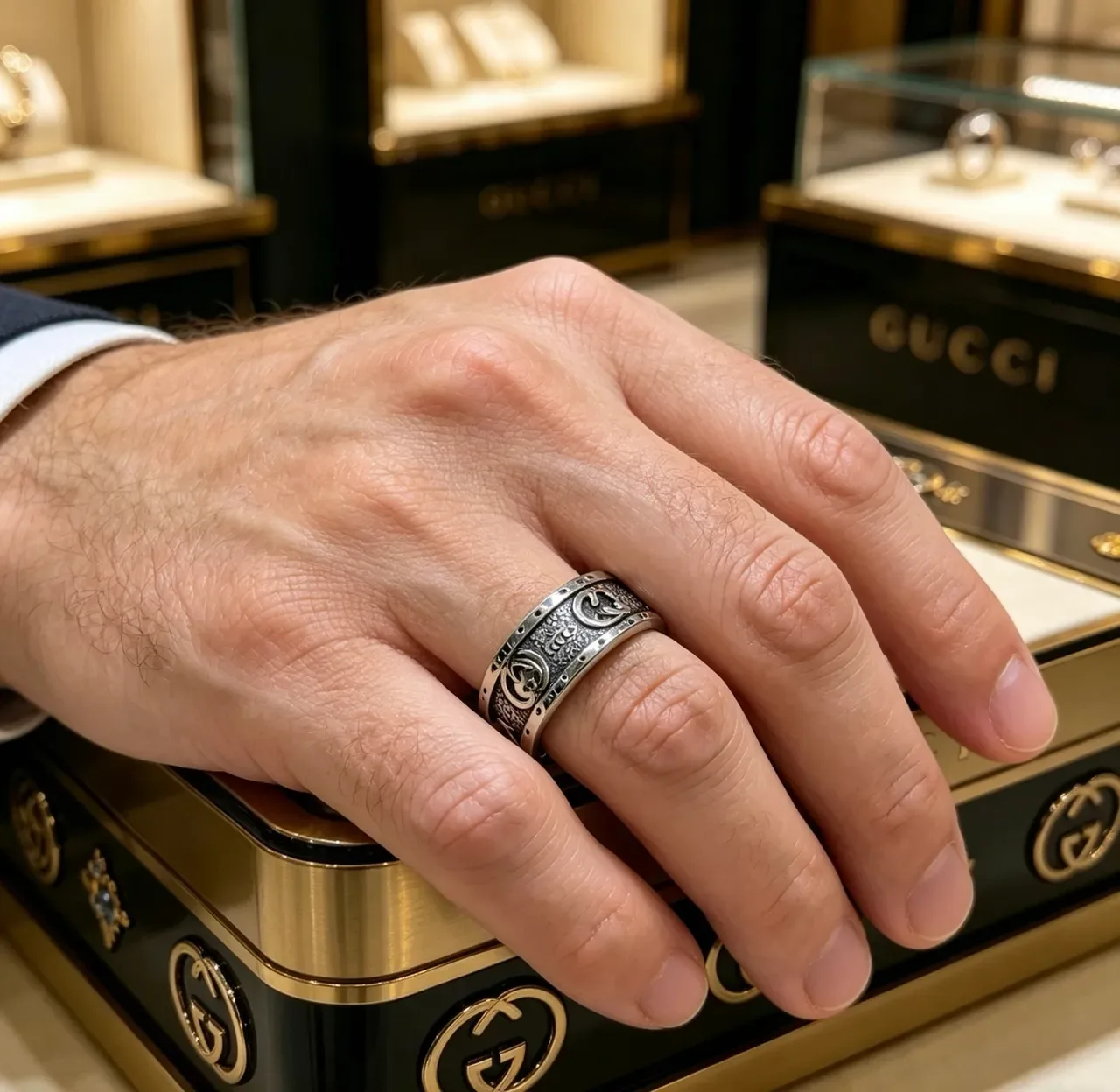 Anel Gucci GG Marmont Prata Preto Banda Larga Motivo G Interlocking 2