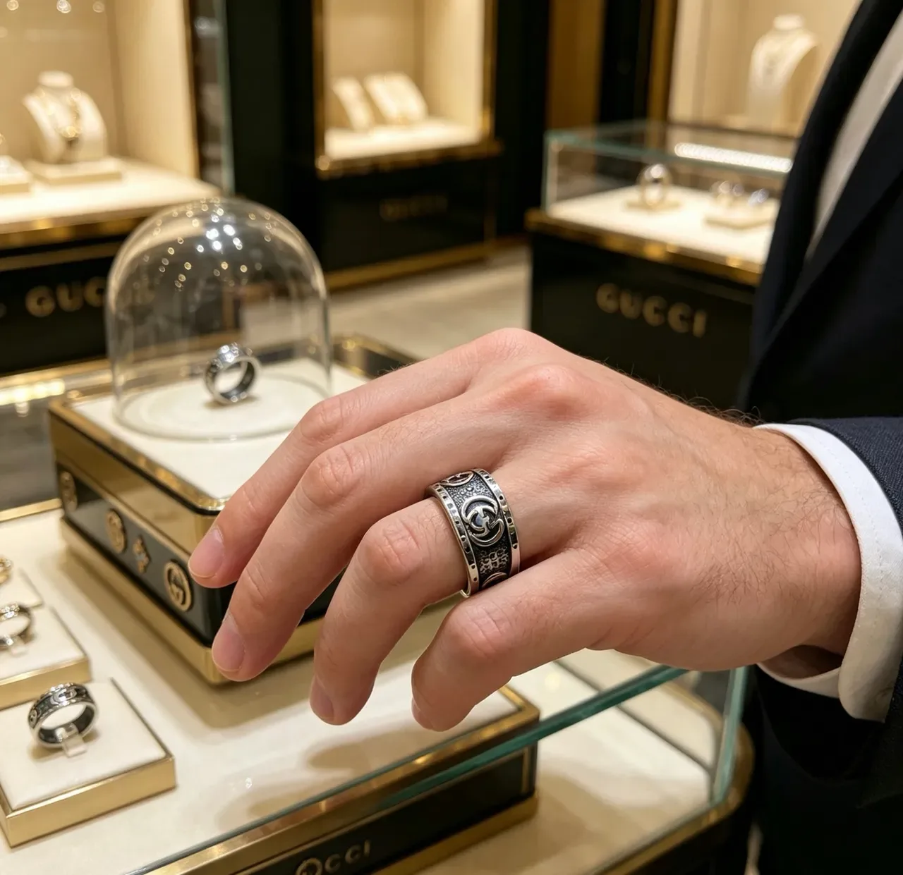 Anel Gucci GG Marmont Prata Preto Banda Larga Motivo G Interlocking 5
