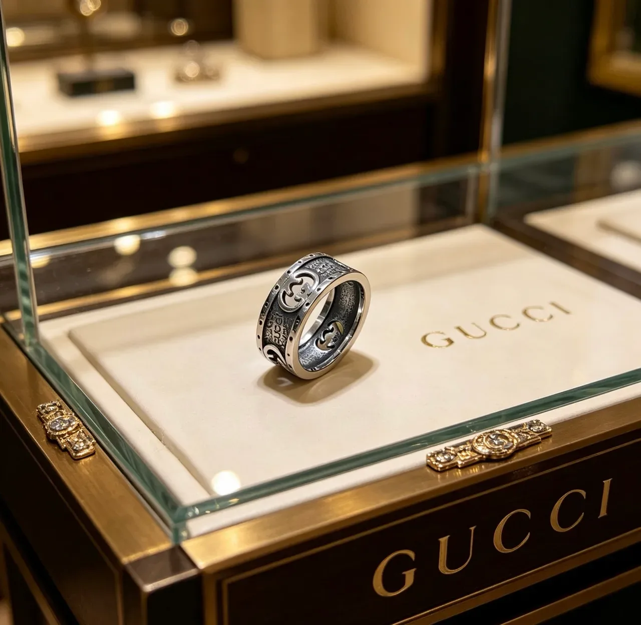 Anel Gucci GG Marmont Prata Preto Banda Larga Motivo G Interlocking 7