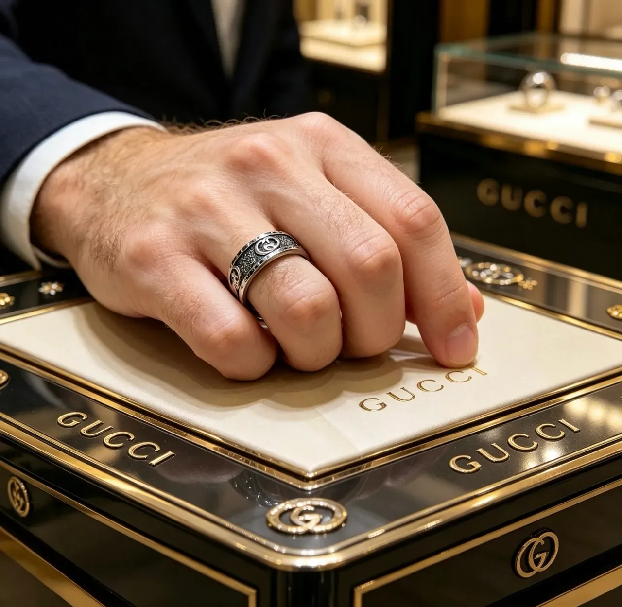 Anel Gucci GG Marmont Prata Preto Banda Larga Motivo G Interlocking 8