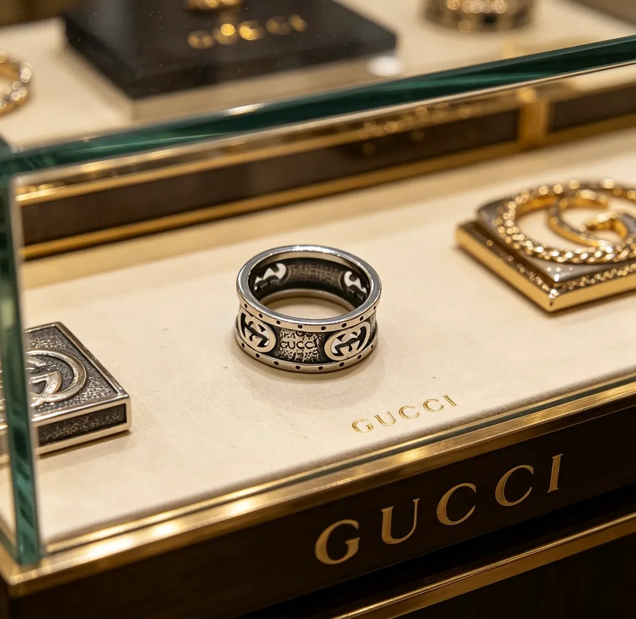Anel Gucci GG Marmont Prata Preto Banda Larga Motivo G Interlocking 9