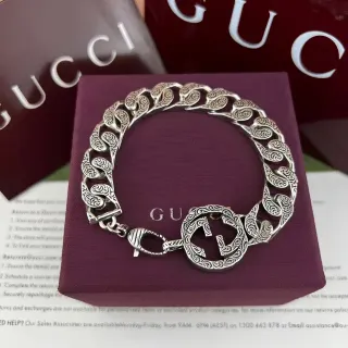 Gucci GG Marmont Plata Burdeos Cadena Curb-Link Ornada Grabado Scrollwork Pulsera