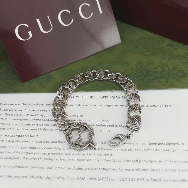 Gucci GG Marmont Silver Burgundy Ornate Curb-Link Chain Engraved Scrollwork Bracelet 3