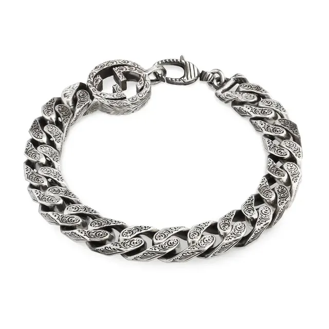 Gucci GG Marmont Silver Burgundy Ornate Curb-Link Chain Engraved Scrollwork Bracelet 5