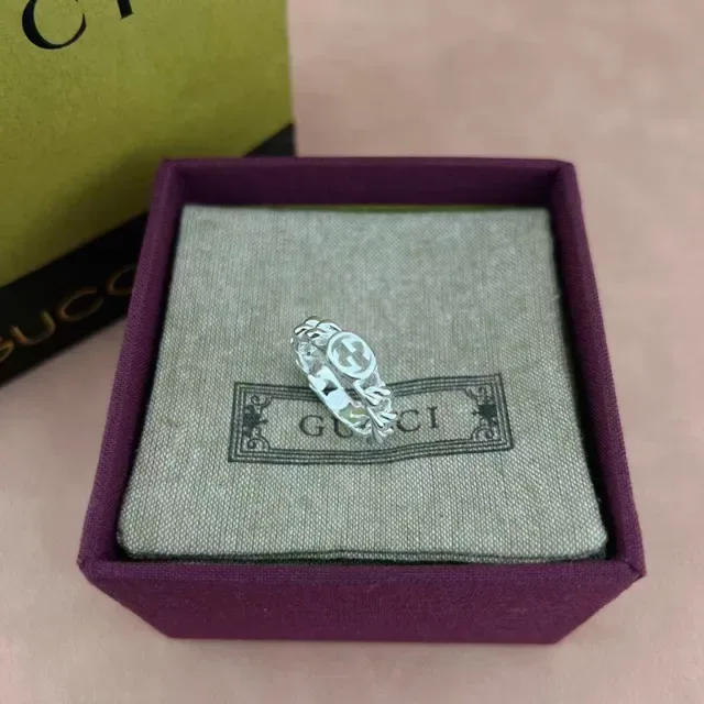 Gucci GG Marmont Silver Interlocking Logo Chunky Chain-Link Band Ring 6